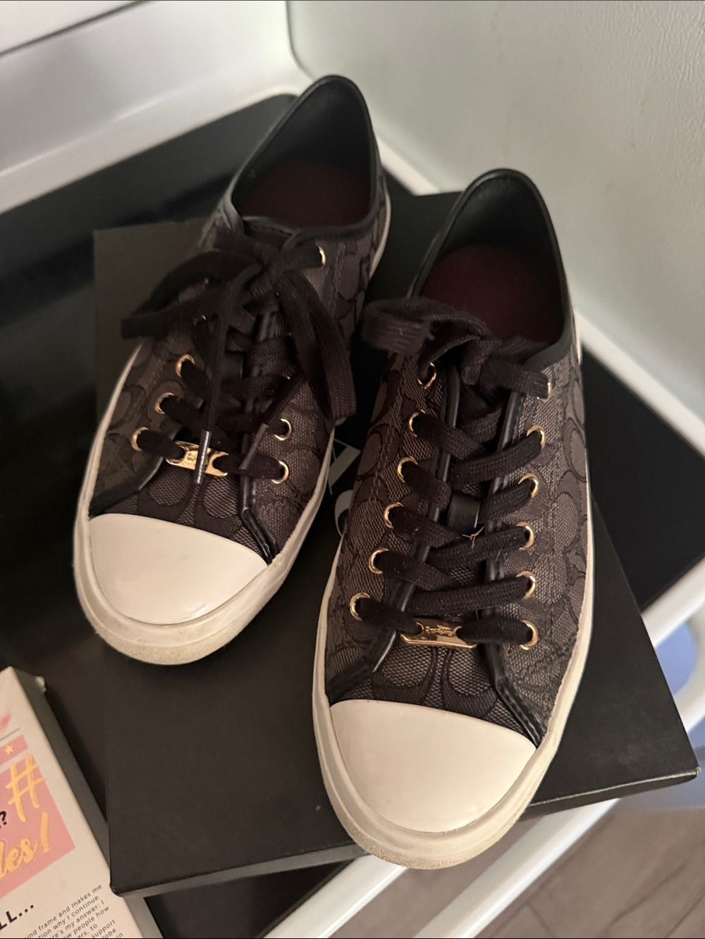 Coach Black and Grey Logo-Print Lace-Up Converse Style with White Toe